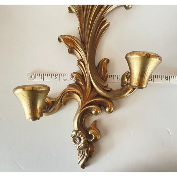 Vintage Mid Century Durwood Gold Wall Sconce Double Arm Candle Holder 15.5” - Picture 7 of 7